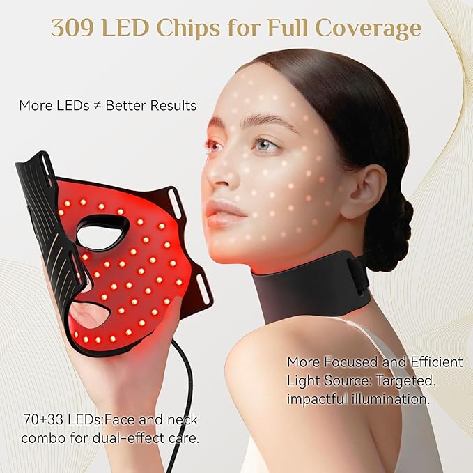 LED Light Therapy Mask Skin Care Mask & neck, LED Red 630±5nm & NIR 830nm Wavelength for Home Use
