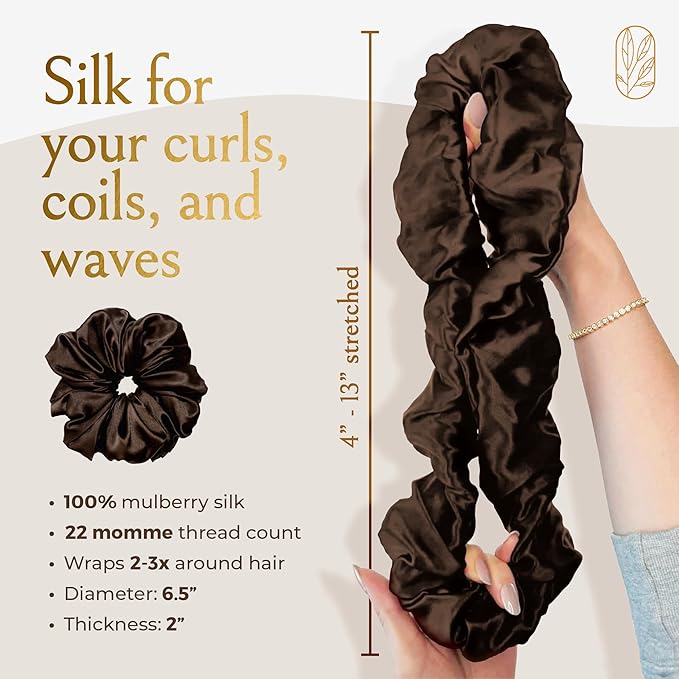 Silk Scrunchies for Women Ponytail Holders – Oversized Mulberry Silk Scrunchies – Extra Large No Damage Hair Ties for Curly, Thick, and Thin - Hair Accessories for Women – Espresso, XL By Curlfriend