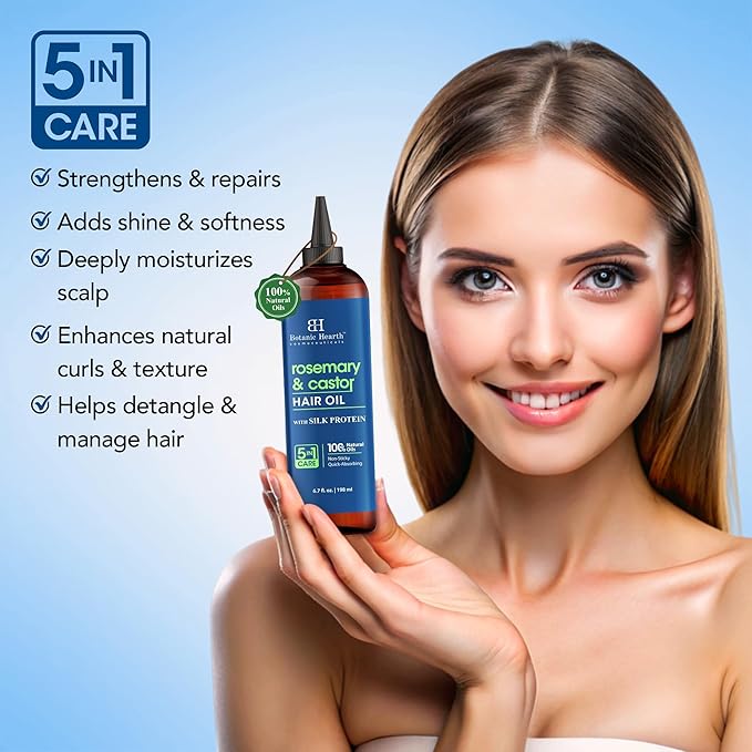 Botanic Hearth Hair Oil for Hair Growth | Strengthening Dry, Frizzy, Damaged Hair & Scalp Treatment | No Parabens or Harmful Sulfates | All Hair Types | Rosemary Castor Hair Oil - 6.7 Fl Oz