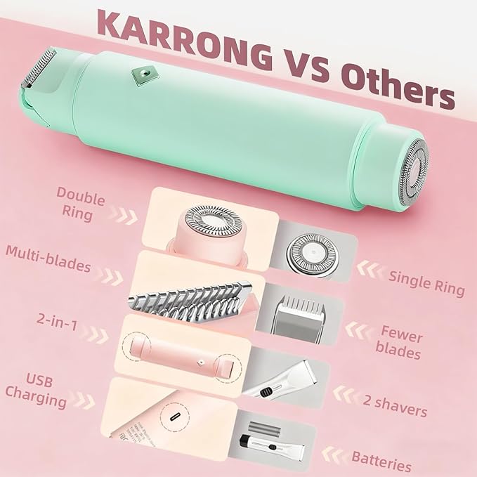 2-in-1 Dual Head Bikini Shaver - Waterproof Bikini Trimmer for Women, Cordless Rechargeable Electric Shaver, Women Electric Razors Grooming Kit (Green)