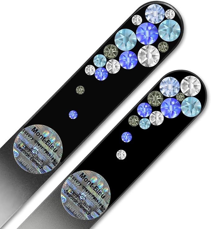 Mont Bleu Premium Set of 2 Glass Nail Files Hand Decorated with Crystals - in Black Velvet Sleeve - Genuine Czech Tempered Glass - Mothers Day Gifts - Fingernail File for Natural Nails