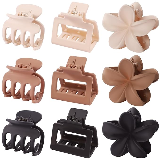 3 Styles Medium Hair Clips for Women 9 Pcs Small Claw Clips for Thin Hair Flower Hair Clips for Thick Hair Square Hair Claw Clips for Girls Hawaiian Plumeria Hair Accessories for Women (Brown)