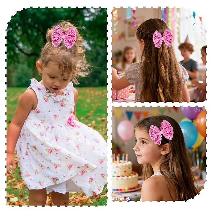 Velvet Sequin Hair Bows Elegant Pink Bow for Women Girls, 4in Glitter Handmade Hair Clips Alligator Clips Ponytail Holder Sparkly Hair Accessories for Christmas, Birthday Party, Wedding, Valentines