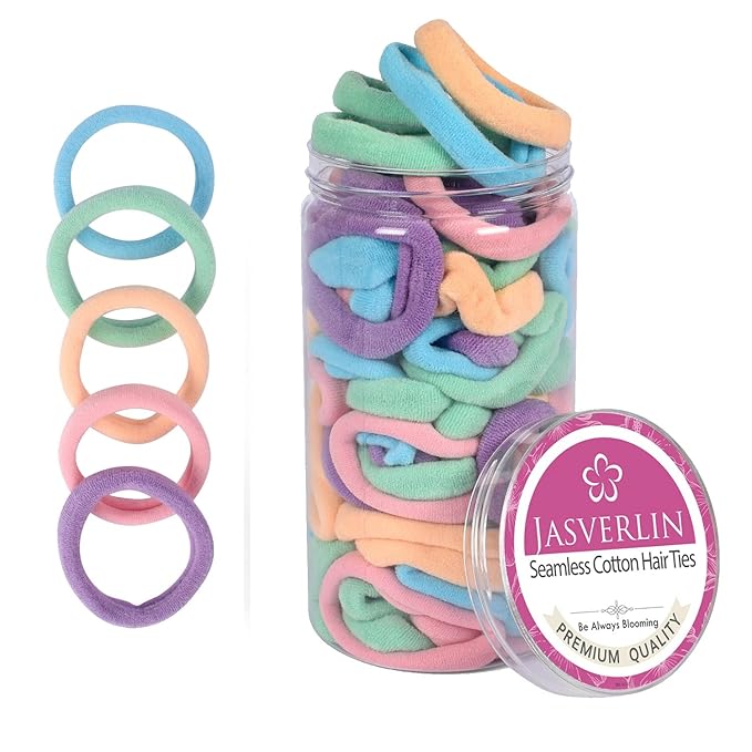 Soft Hair Ties - Seamless Cotton Elastic Bands for Women Girls, No Damage Ponytail Holders Small Scrunchies for Thick Curly Thin Hair Assorted 1.5 inch 100 Pcs (Baby Color)