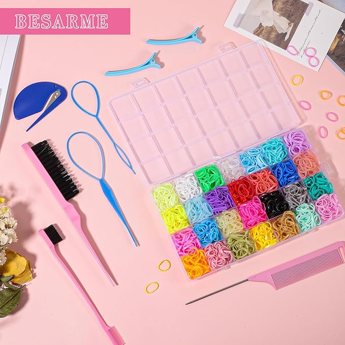 28 Colors Rubber Bands with 8 Hair Styling Tools, 1500 Pcs Colorful Elastic Ties Small Rubber Bands Baby Toddler Ties for Girls Hair Accessories