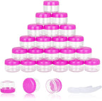 25PCS 5 Gram Sample Containers, 5ml Empty Jars with Lids, Small Cosmetic Containers, Mini Sample Jars with 2PCS Mini Spatulas for Make Up, Oils, Lotion, Powder, Paint, Jewelry, Lip Balms(Pink Lid)