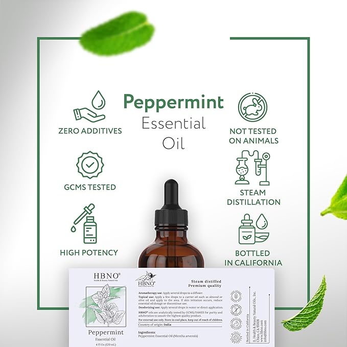 HBNO California Bottled Peppermint Essential Oil 4 fl oz (120ml) - Premium Grade Natural Peppermint Oil for Hair, Skin & Scalp Care - Ideal for Masage, Diffusers & Aromatherapy - with Glass Dropper