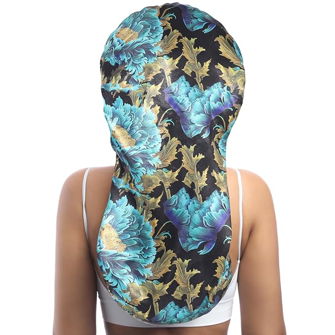 AWAYTR Long Satin Bonnet for Braids - Elastic Silk Hair Bonnets for Sleeping Night Cap Stretchy Tie Band for Women(Print)