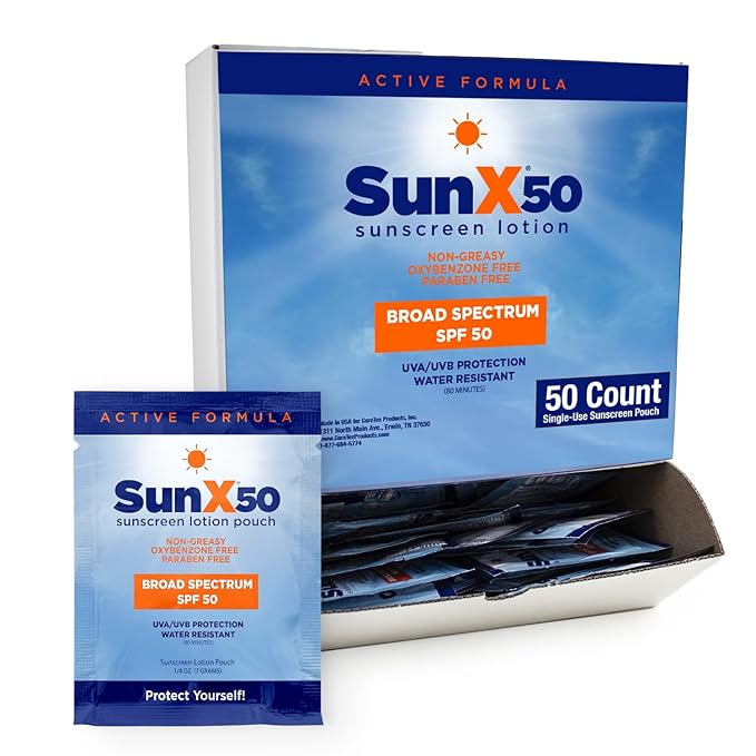 CoreTex Sun X 50 SPF Broad Spectrum Sunscreen Packets - Pack of 50 Paraben, Oxybenzone, Octinoxate, & Oil Free Sunscreen - No White Cast and Water Resistant Up to 80 Minutes