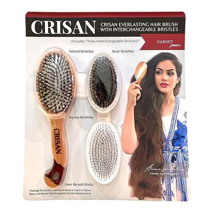 CRISAN Everlasting Hair Brush, Hand Carved Oak Wood and Resin Handle, 3 Interchangeable Bristles - Mixed, Boar, and Nylon (Garnet)