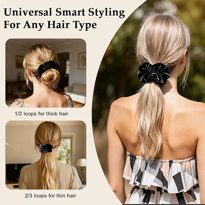 Velvet Scrunchies for Women – 8PCS Black Large Hair Ties – No Crease, Frizz-Free, Soft & Gentle Elastic Hair Bands for Fine, Short, or Everyday Hair, Stylish Hair Accessories Gifts
