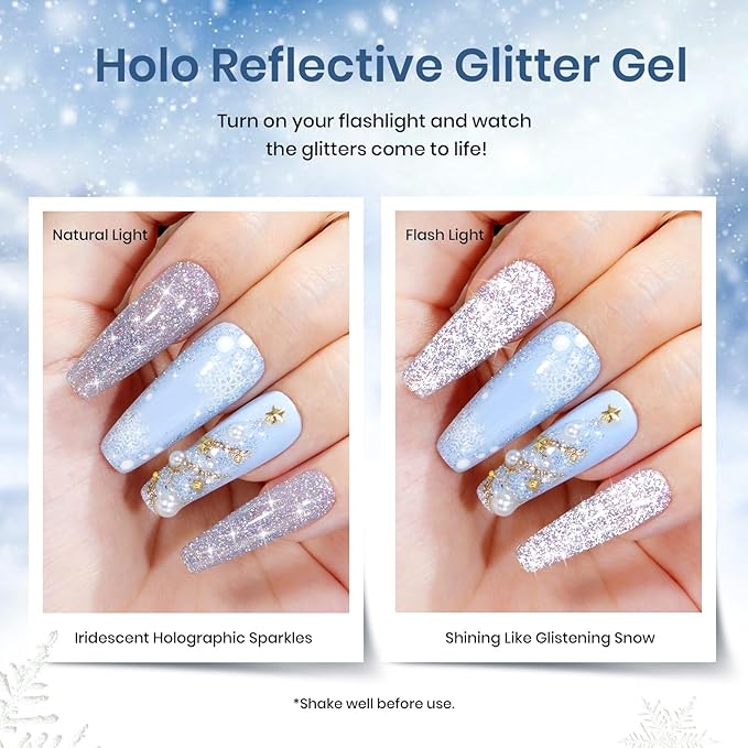 Beetles Christmas Gel Nail Polish Set 5 Winter Colors Dark Blue Glitter White Light Blue Silver Gel Polish with Sealing Gel Sugar Dust Powder Nail Sticker UV LED Needed Gifts for Women Sparkling Snow