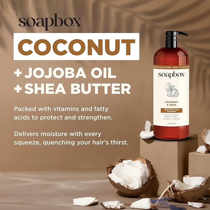 Soapbox Shampoo and Conditioner Set with Coconut Oil, Jojoba Oil, Aloe and Shea Butter to Moisturize and Nourish for All Hair Types, 1 Liter Each (Pack of 2)