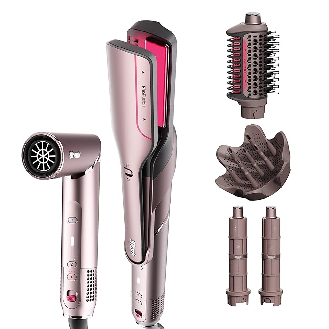 Shark FlexFusion Hair Straightener & Powerful Dryer with Diffuser, Fusion Hair Brush, Ceramic Air Styler with Auto-Wrap Curlers, Ceramic Plates, Cosmic Blush HD642S