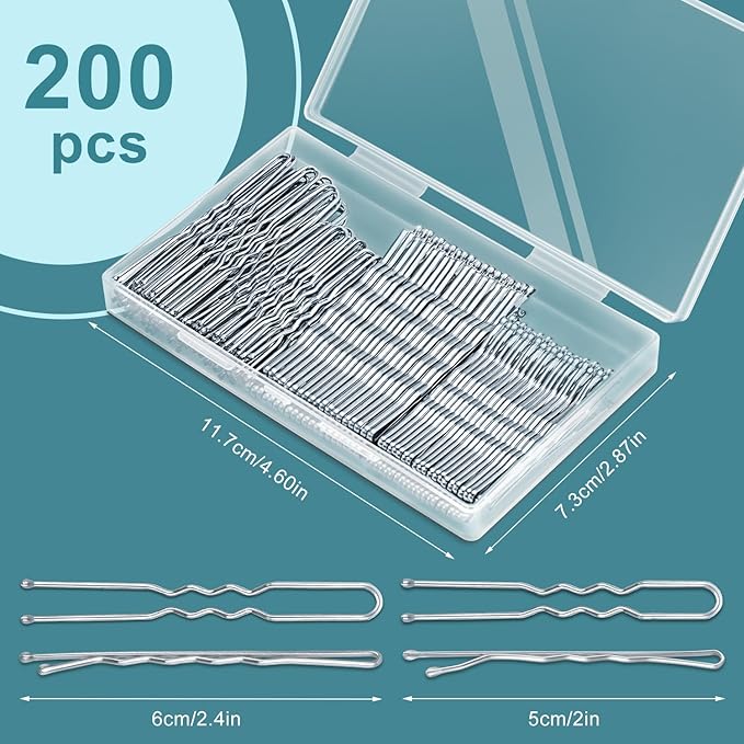 TsMADDTs Hair Pins Kits, 200PCS Silver Bobby U Shaped Pins for Women Hair Styling, Buns with Plastic Box, 2.4IN & 2IN