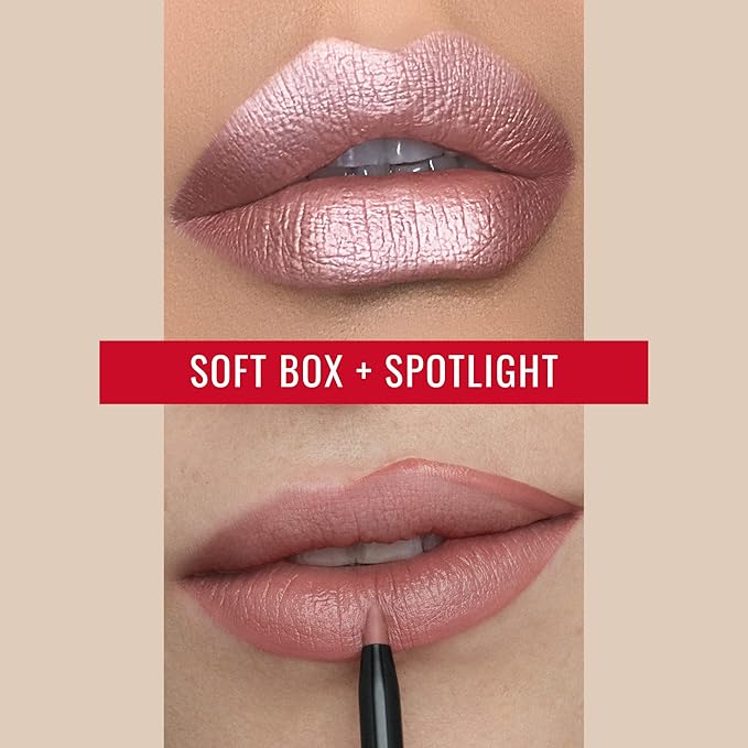 Runway Rogue ‘Soft Box’ Nude-Pink Pearl Glam Shimmer Long Wear Liquid Lipstick Bundle with ‘Spotlight’ Matte Light-Beige Designer Liner Lip Liner