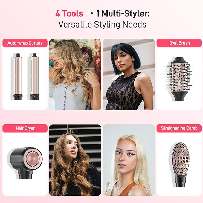 Dual Voltage Hot Air Styler Wrap - 5 in 1 Hair Dryer Brush with Fast Drying Blow Dryer, Styling, Straightening & Volumizing with Travel Bag (100V–240V) Gift for Women (Black + Pink)