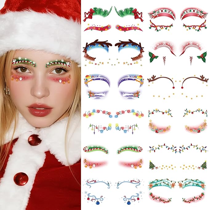 Christmas Eye Shadow Temporary Tattoos Stickers Face Makeup Patches, Xmas Tree Santa Claus Eyeliner Decals Fake Tattoos for Women Girls, Christmas Stocking Stuffers Party Supplies