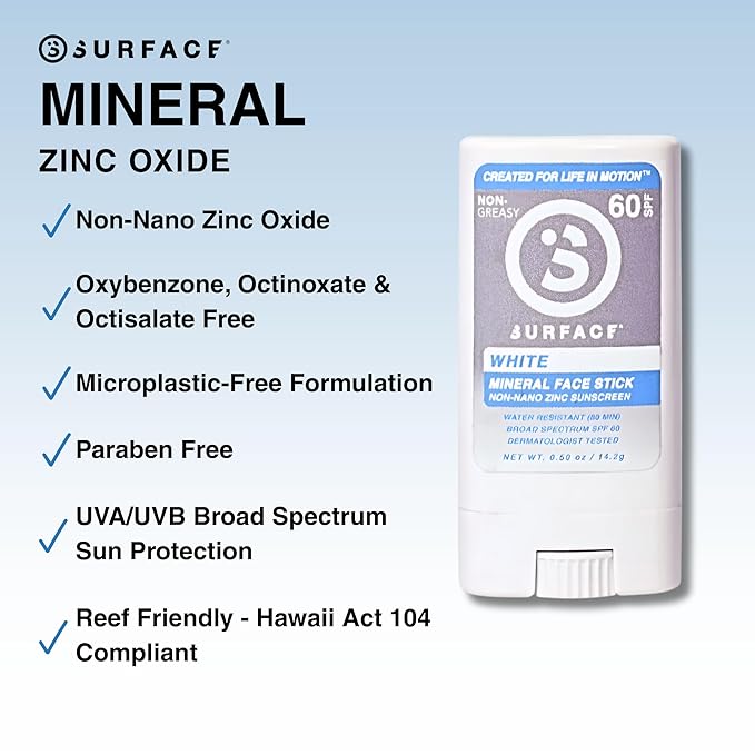 Surface Mineral Sunscreen Face Stick SPF 60, Lightweight Non-Nano Zinc Oxide Formula, Reef Friendly, Broad Spectrum UVA UVB Protection, Water Resistant Sun Care for 80 Minutes, Clear, 0.5oz