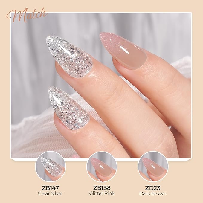 TOMICCA Glitter Gel Polish, 15ml Silver Sparkle Clear Gel Nails Polish, Soak Off UV LED Cure Needed Transparent Shimmer Nail Art Manicure French Salon Gifts For Woman