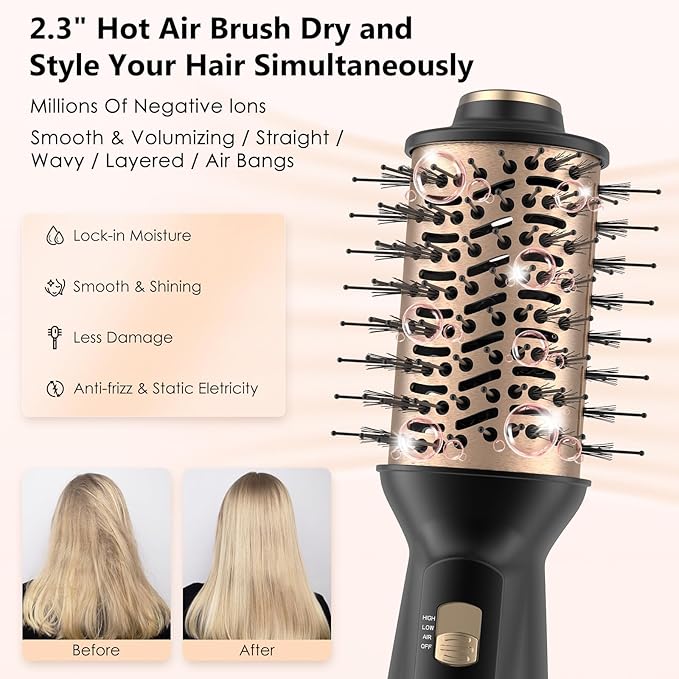 4 in 1 Travel Dual Voltage Hair Dryer Brush, Mini Auto Blow Dryer Brush in one, 2 Inch Hot Air Brush and Styler for Home & Salon, 3 Heat Settings with EU&UK Plug (Gold)