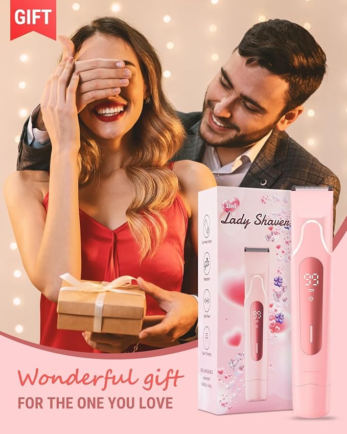 2026 Upgrade Bikini Trimmer for Women, 2 in 1 Electric Shaver with LED Display, IPX7 Waterproof Pubic Hair Trimmer, Rechageable Womens Electric Razor for Armpit Leg Body Facial (Pink)