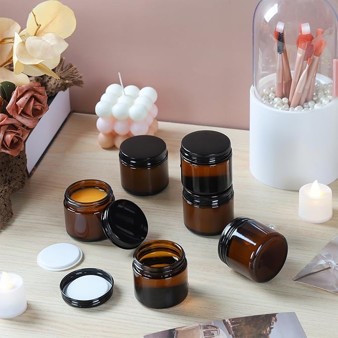 2oz Amber Glass Jars with Lids - 48 Pack Cosmetic Containers for Travel, Cream & Lotion