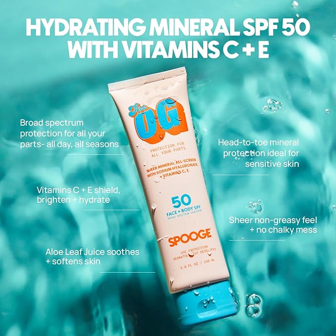 The OG Mineral All-Screen SPF 50 Face + Body, Dermatologist Developed, Broad Spectrum, Sheer Sunscreen - Non-Greasy No Chalky Mess & Reef Safe, All-Weather Care with Aloe + Vitamins C+E - 5 Oz