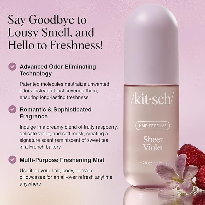 Kitsch Hair Perfume for Women - Sheer Violet | Clean, Deodorizing & Patented Odor-Eliminating Technology Hair Spray & Body Mist - Freshen Hair, Body & Pillows - Raspberry, Soft Musk Scent - 50mL