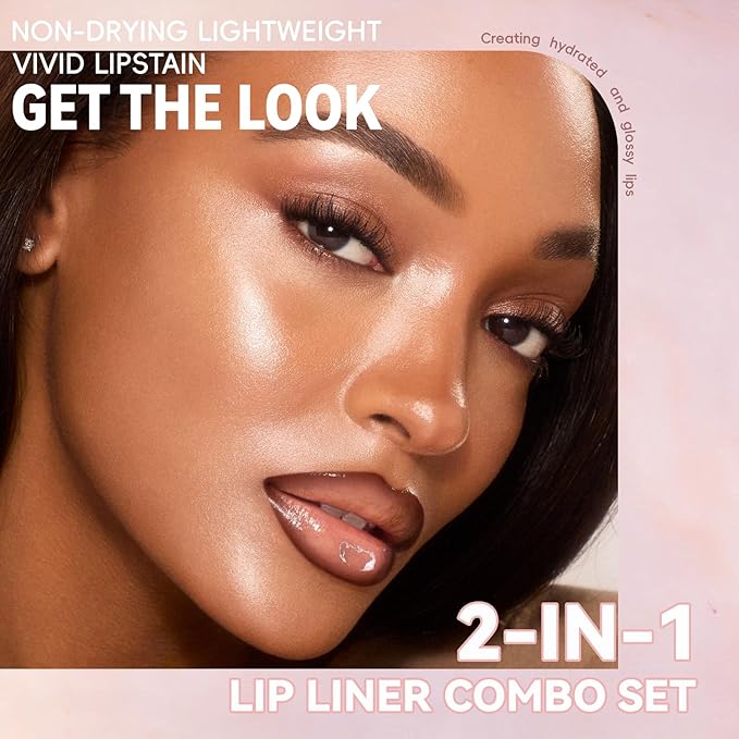 Lip Liner Gloss Lip Combo Set, 2 in 1 Lip Duo Natural Nude Brown Lip Liner Lipstick Glossy Nourishing Toffee Lip Gloss Kit, Smooth Quick Fuller Plumping Juicy Lip Makeup for Women06#Caramel