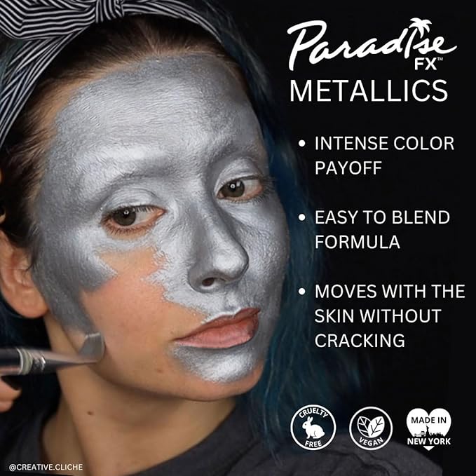 Mehron Paradise FX Metallics – Metallic Silver 1.4 oz | Professional Water Activated Shimmering Metallic Paint for Raves, Costumes, Special Effects, Halloween, Stage, Screen, Theater & Cosplay FX