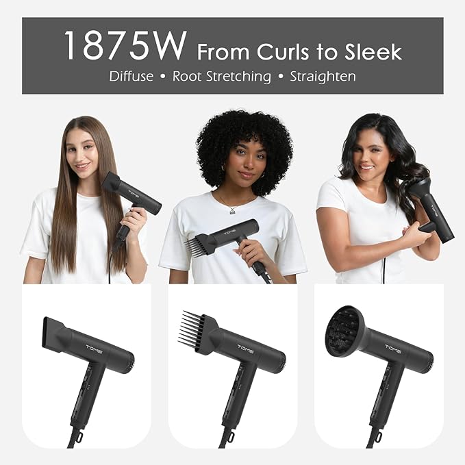 TOME 1875W Hair Dryer High Speed Motor Brushless 110000 RPM Blow Dryer Negative Ionic Cool Shot Lock with Diffuser Comb Nozzle Light Weight Black