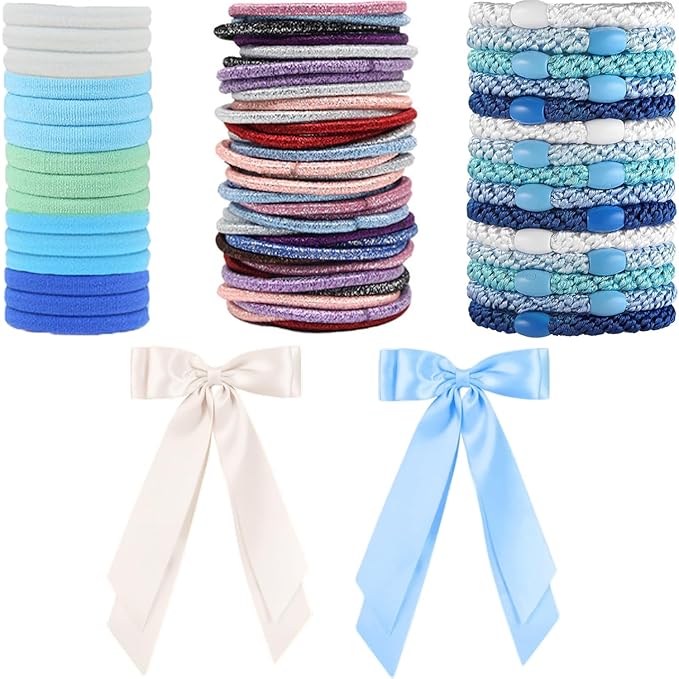 Hair Ties for women 5 styles Hair Elastics(15 No Damage Hair Ties 50 High Elastic Ties 15 Ponytail Holders 2 Bow Hair Clips 20 Snap Hair Clips) Pain-free No Crease multiple colors for all hair types