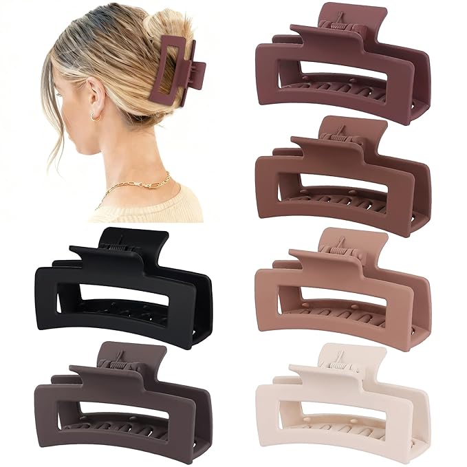 3.5 Inch Medium Hair Claw Clips 6 Pack Hair Clips for Women Square Rectangle Claw for Hair Banana Jaw Clips Hair Accessories for Girls -Brown Scarlet