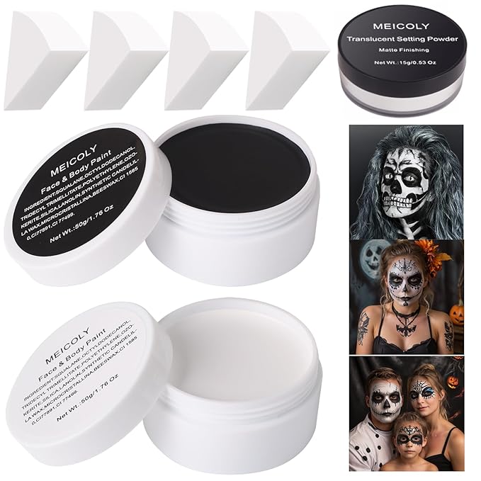 MEICOLY 7Pcs Halloween Makeup Kit - Black & White Face Paint, Oil Based Face & Body Paint for Adults & Kids - SFX Joker, Zombie, Vampire, Skull, Skeleton Makeup