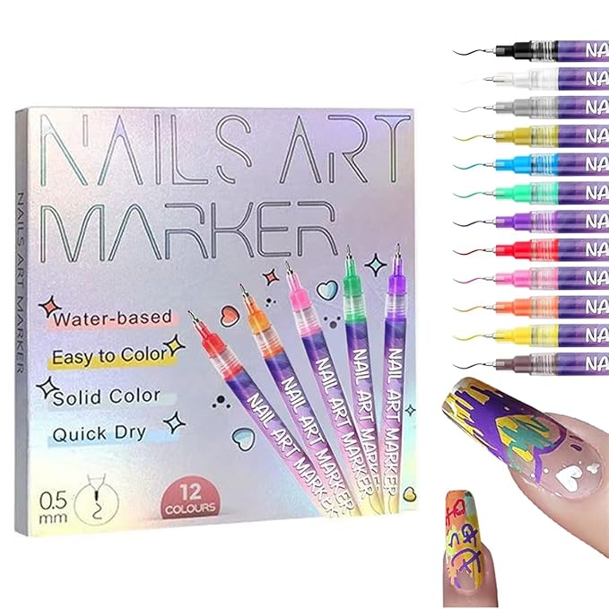 12 Colors Nail Art Pens Set,DIY Nail Art Markers 0.5mm Nail Polish Pens Quick Dry,Nail Art Pens for Painting Graffiti Manicure Home Salon Easter Egg Doodle Pen
