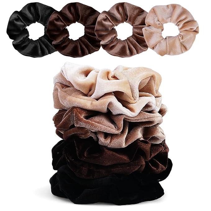 Velvet Scrunchies for Women – 8PCS Neutral Large Hair Ties – Black, Blonde, Dark Brown, Light Brown – No Crease, Frizz-Free, Soft & Gentle Elastic Hair Bands, Everyday Hair Accessories Gifts