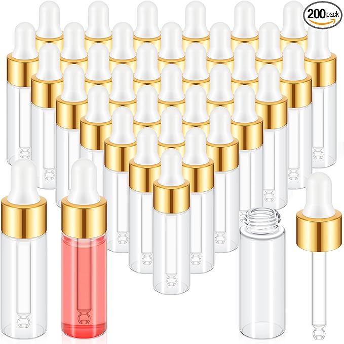 200 Pcs Mini Glass Oil Dropper Bottle Bulk, Clear Essential Small Empty Bottles Sample Containers Perfume Liquid Vials with Cap for Traveling (5 ml,Gold)