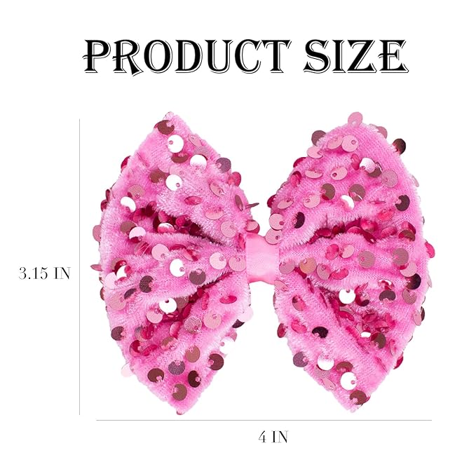 Velvet Sequin Hair Bows Elegant Pink Bow for Women Girls, 4in Glitter Handmade Hair Clips Alligator Clips Ponytail Holder Sparkly Hair Accessories for Christmas, Birthday Party, Wedding, Valentines