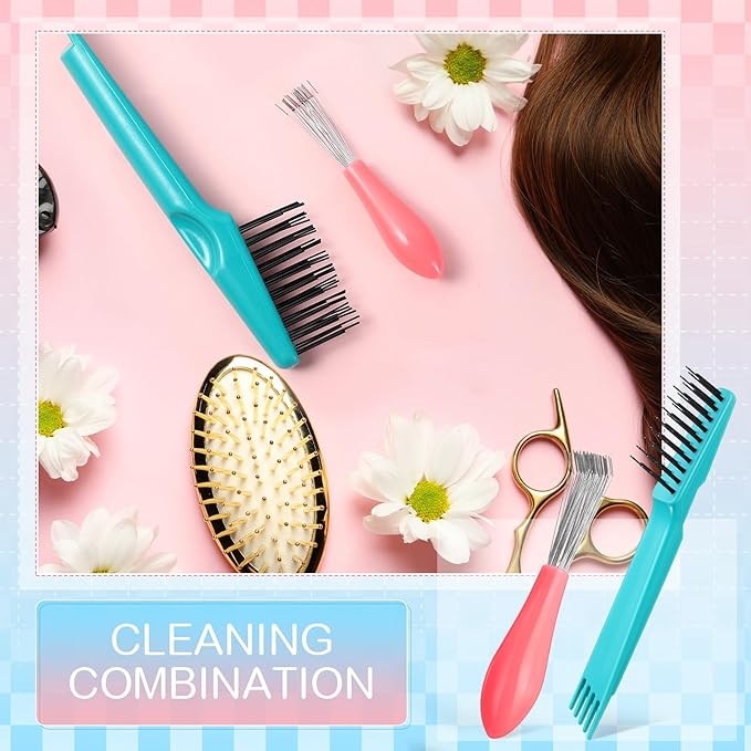 Boao 2 Pieces Hair Brush Cleaning Tool Comb Set Mini Hair Brush Dirt Remover with Metal Wire Rake for Removing Hair Dust Home and Salon Use(Pink and Green)