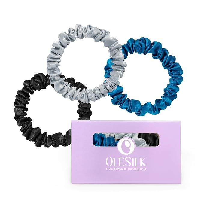 OLESILK Silk Hair Ties for Women: 100% Mulberry Skinny Silk Scrunchies, Soft Smooth No Damage No Crease for Thin Fine Curly Hair 3 Pack, Multi-3