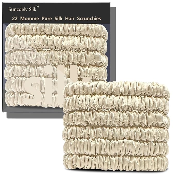 Suncdelv Silk,100% Silk Scrunchies for Hair,22 Momme Hair Ties for Anti-Crease & Breakage,Natural Women Hair Accessories，Fashion Hairbands 6PCS(Rice White)