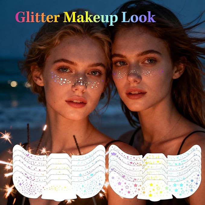 24pcs Glitter Freckles Makeup Patches-Holographic-Face Glitter Speckles, Sparkle Speckles Patches for Women, Glitter Face Freckles Tattoo, Cute Sparkling Fake Freckles,Party Festival Decorations
