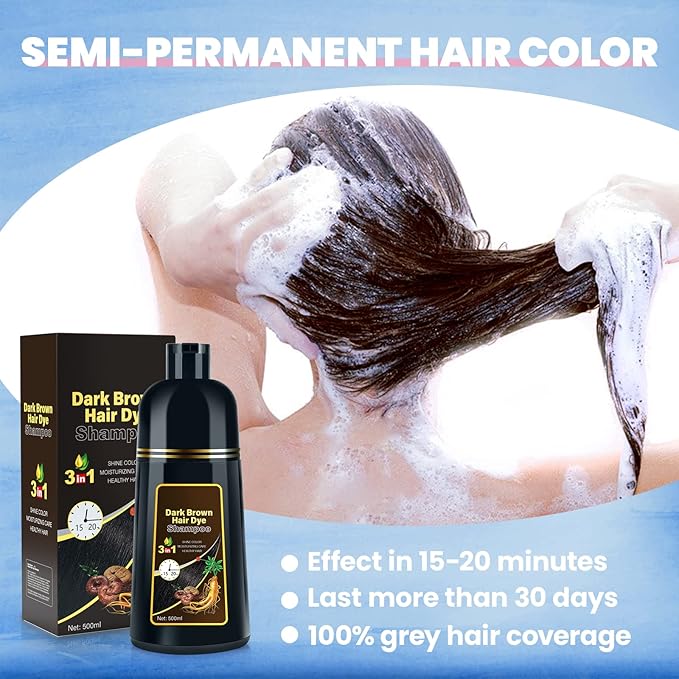 IIIMEIDU Dark Brown Hair Dye Shampoo 3 in 1 for Gray Hair, Herbal Ingredients Shampoo Hair Dye for Women Men, Grey Coverage 500ml