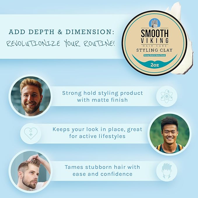 Smooth Viking Hair Clay for Men - Strong Hold Clay Pomade, Matte Finish, Oil-Free, Made in USA, All Hair Types, Natural Scent, Easy Wash Out, Thickening, Nourishing, 2oz