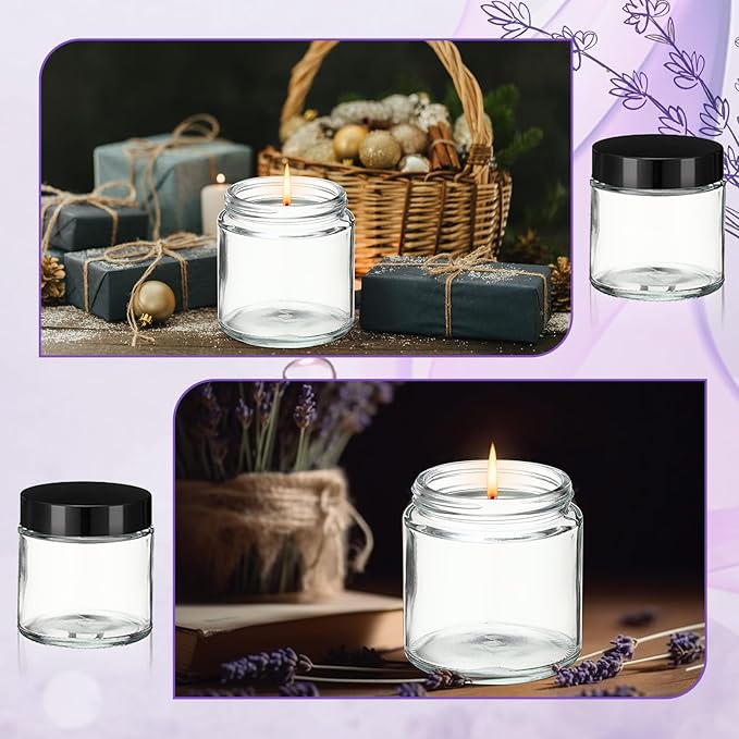 24 Pcs 4 oz Glass Jars with Lids, Clear Candle Jars with Black Lids Round Empty Candles Container Tins Candle Making Storing Lotions Spice Powder Liquid Sample Makeup (Clear)