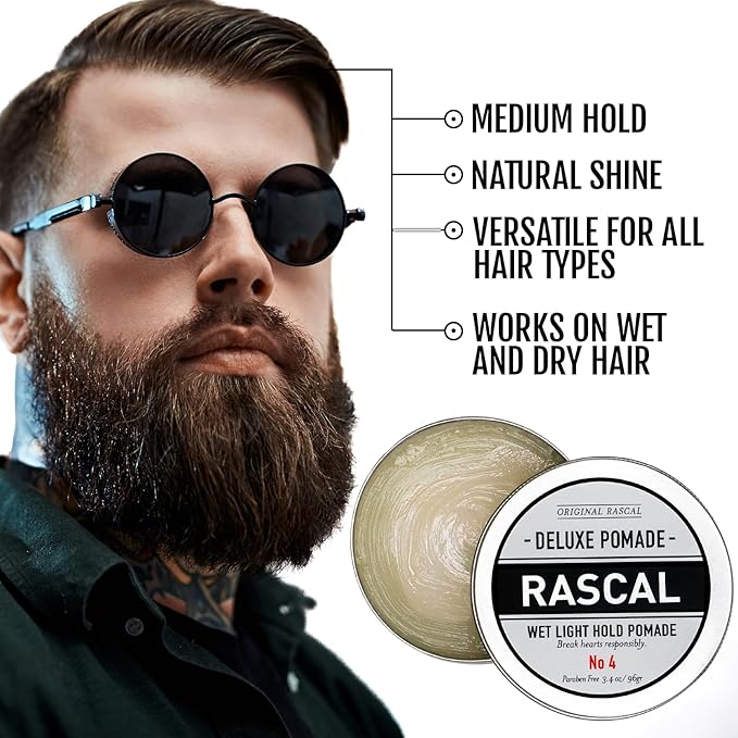 Original Rascal Deluxe Pomade for Men #4 - Hair Paste with Light Hold & Wet Look - High Shine Hair Molding Paste - Formulated with Ceteareth-25 & Castor Oil for Hair Growth & Health - Natural Finish