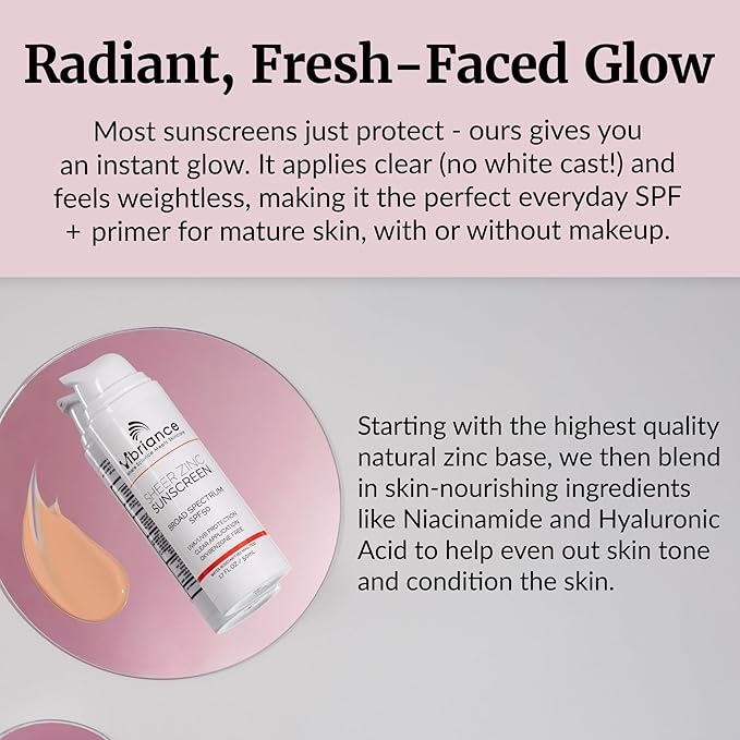 Vibriance Sheer Zinc Sunscreen - Tinted Sunscreen for Face SPF 50, Lightweight Facial Moisturizer with Niacinamide, Hyaluronic Acid - 1.7 fl oz