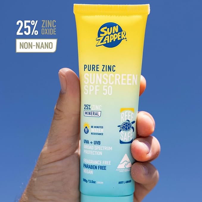 Sun Zapper Pure Zinc Mineral Sunscreen SPF 50, Reef Safe, Broad Spectrum UVA + UVB Protection, 25% Zinc, Water Resistant, Fragrance Free, Paraben Free, No White Cast, Natural Sun Cream - 3.52 Ounce