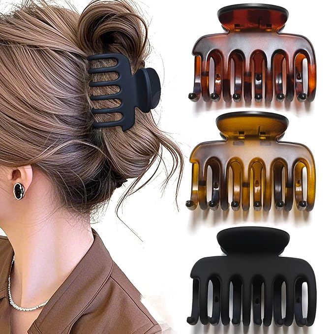 2.7 Inch Hair Claw Clips No Slip Matte Black & Leopard Unbreakable Claw Clips for Momen Thin and Medium Thick Hair, 3 Pack